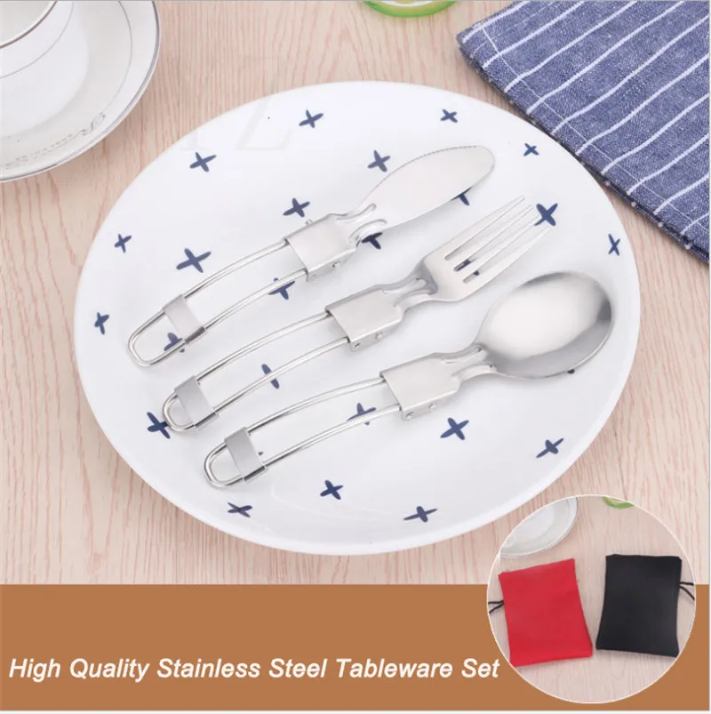 304 Stainless Steel Folding Cutlery Set Folding Knife and Fork Spoon Salad Spoon Straw Outdoor Portable Folding Tableware