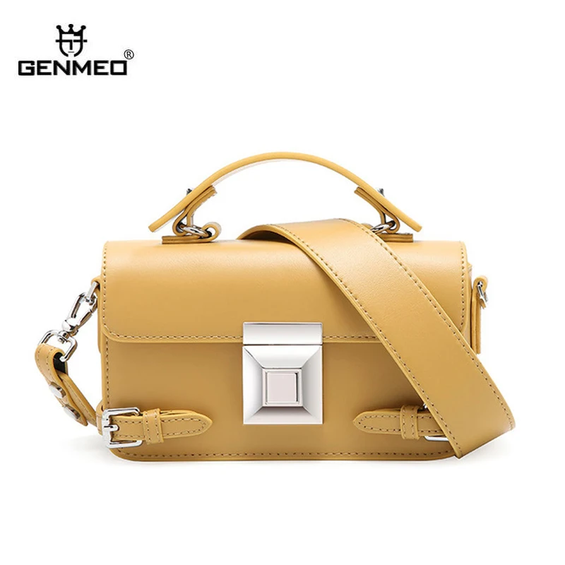 

GENMEO Brand New Arrival SQUARE Metal Lock Genuine Leather Handbag with Double Shoulder Straps Women Tote Bags Feminina Bolsa