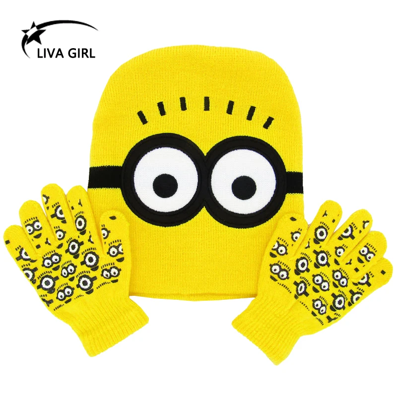 

2016 New Skullies & Beanies Snapback Winter Hat Children Cartoon Minions Glove Hat Cotton Knitted Hat for Boy and Girl
