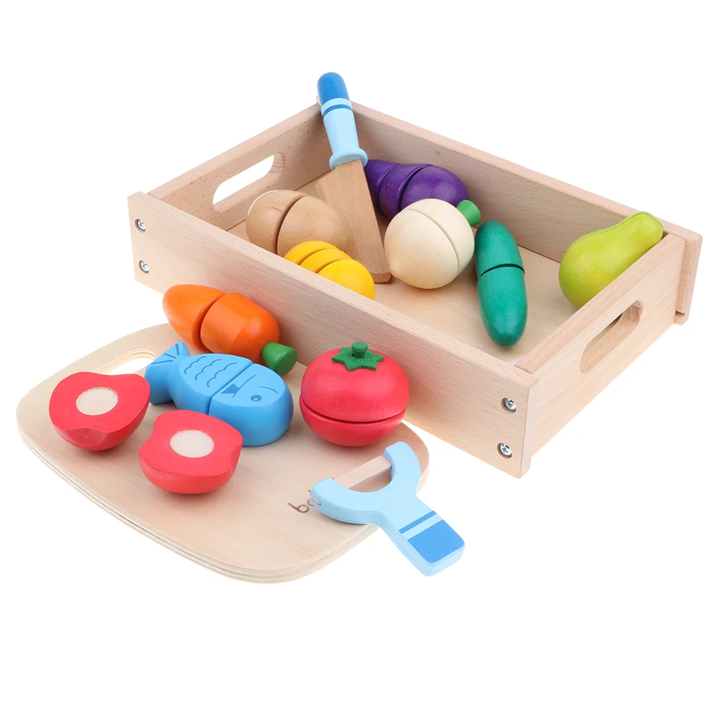 14pcs Wooden Simulation Sticky Fruits Vegetables Play Food Baby Preschool Kitchen Toys Role Pretend Playing Game