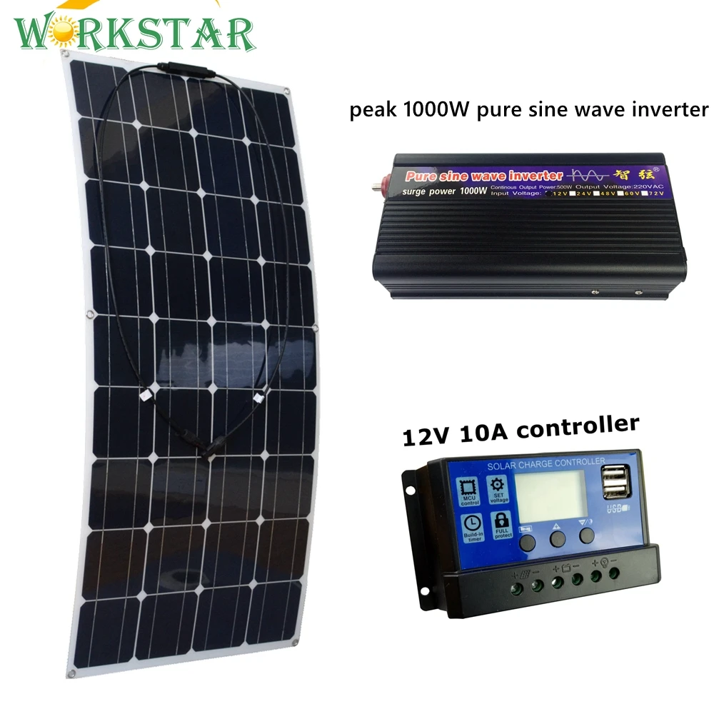 

20V 100W Flexible Solar Panel with 10A Controller and Peak 1000W Pure Sine Wave Inverter 12V Battery Solar Charger for RV Boat