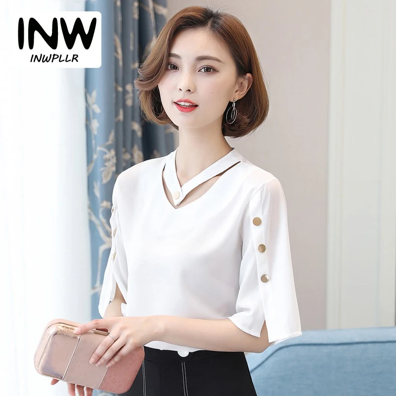 Camisa blusa las mujeres 2018 estilo coreano tops con cuello en V señoras Chiffon blusa Botón de manga corta blanca de Blusas de Mujer|Blusas y camisas| - AliExpress