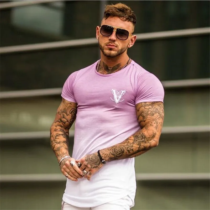 

Gradient color Fashion T Shirt Men Fast compression Breathable Mens Short Sleeve Fitness Mens t-shirt Gyms Tee Tight Casual Top