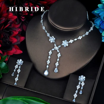 

HIBRIDE Luxury Long Tassel Earring Pendent Necklace Jewelry Set Fashion Design Red Flower pendientes mujer Engagement Set N-658