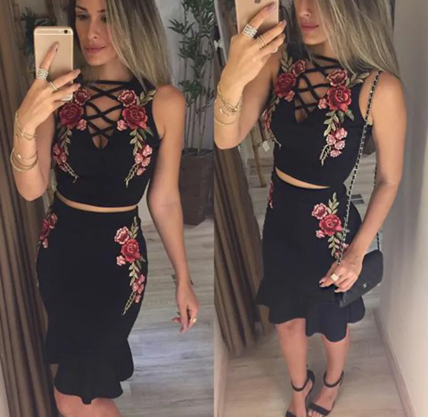 

2 piece outfits for women rose embroidery sexy short skirt suit valentine skirt set womens clothing 2019 spring club outfits