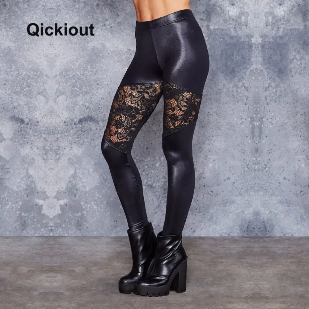 Qickitout женские леггинсы, сексуальные кожаные штаны, цветочные кружевные сетчатые сшитые однотонные черные длинные штаны для ночного клуба, танцев, перспектива