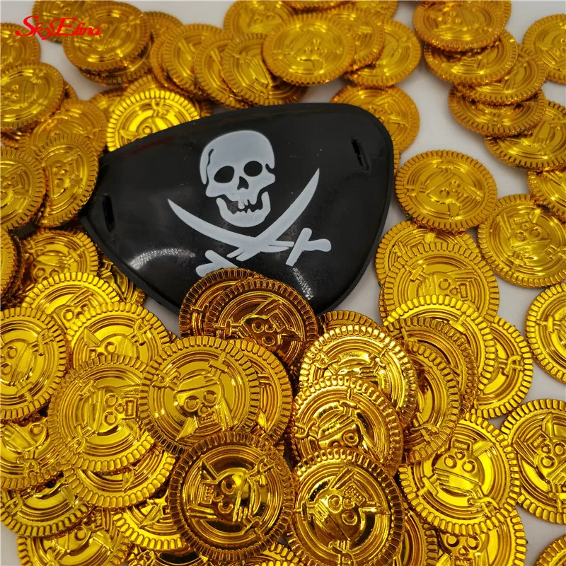 100Pcs Plastic Gold Treasure Coins Captain Pirate Party Favors Pretend Treasure Chest Kids Party Coins Supplies 7Z
