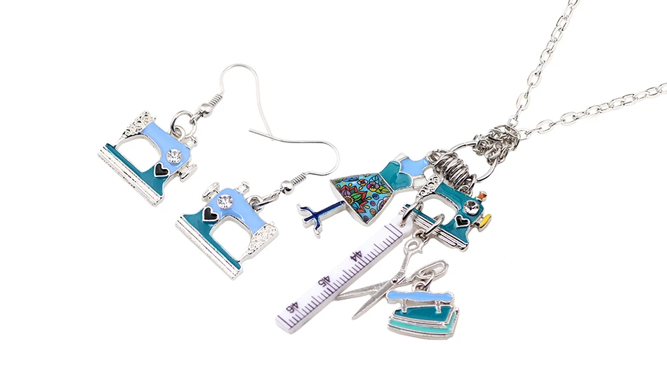 WEVENI эмалевый сплав швейные машины инструменты ножницы с линейкой портной железные серьги ожерелье Ретро Ювелирные наборы для женщин подарок для девочек