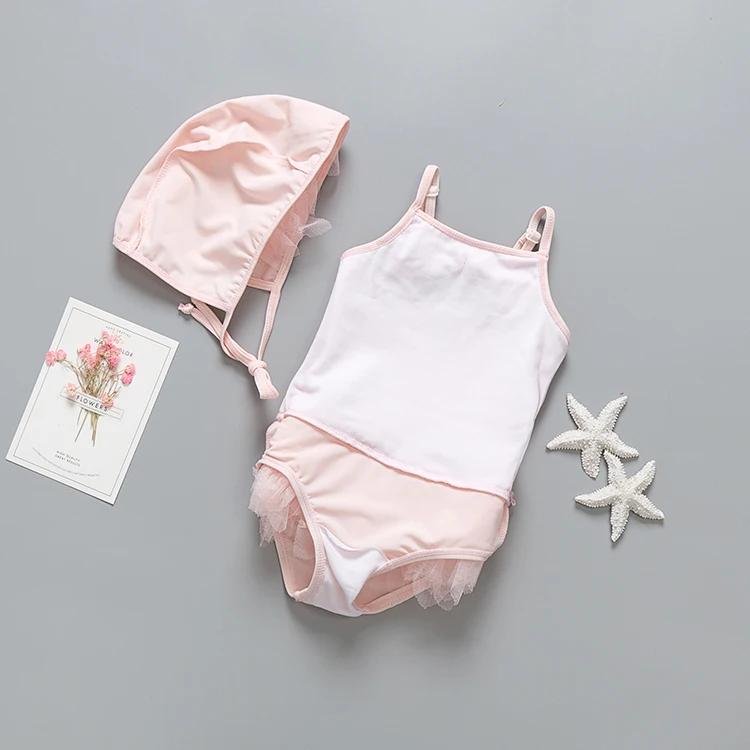 Детский купальный костюм Одежда для купания розовый детский купальный костюм с кружевом для девочек детское бикини, цельное купальное платье без рукавов с шапочкой, пляжная одежда