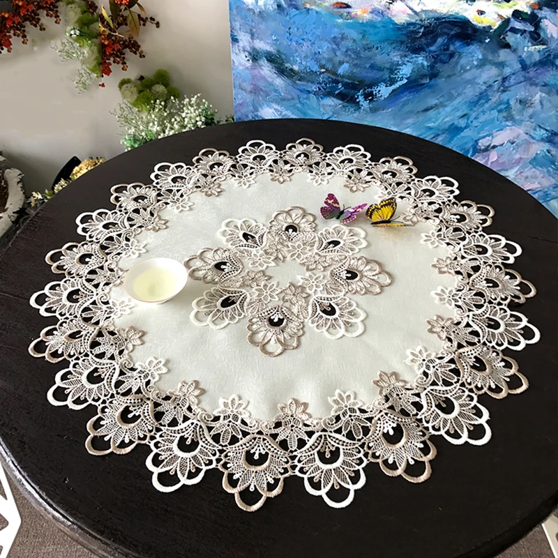 Luxury European Style Embroidered Table Mats Pads Tablecloth Lace Satin