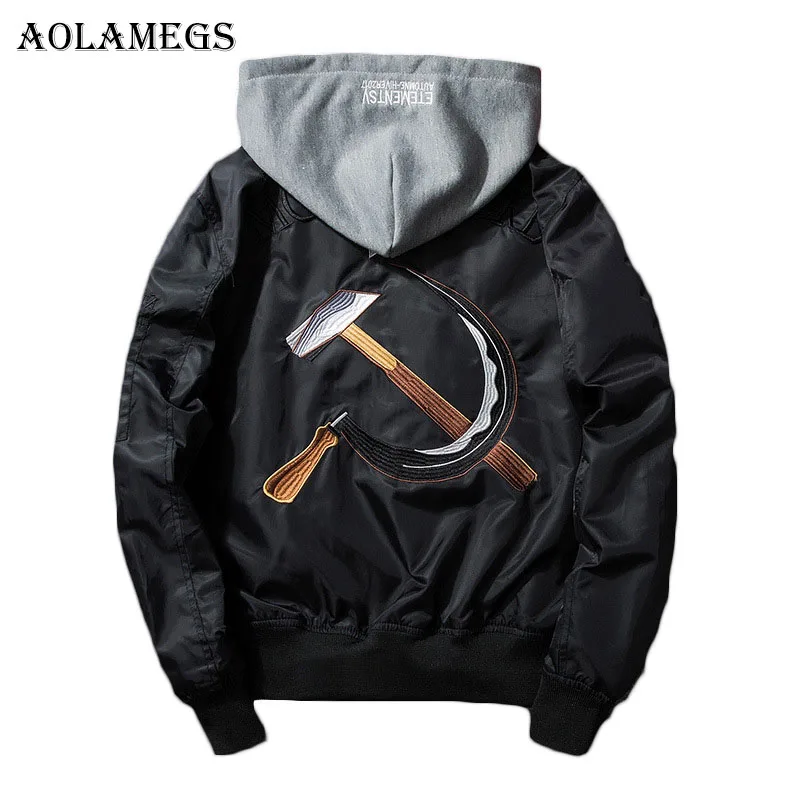 

Aolamegs Men Bomber Jacket Soviet Union Embroidery Men's Jacket Stand Collar MA1 Fashion Outwear Men's Coat Hat Detachable Brand
