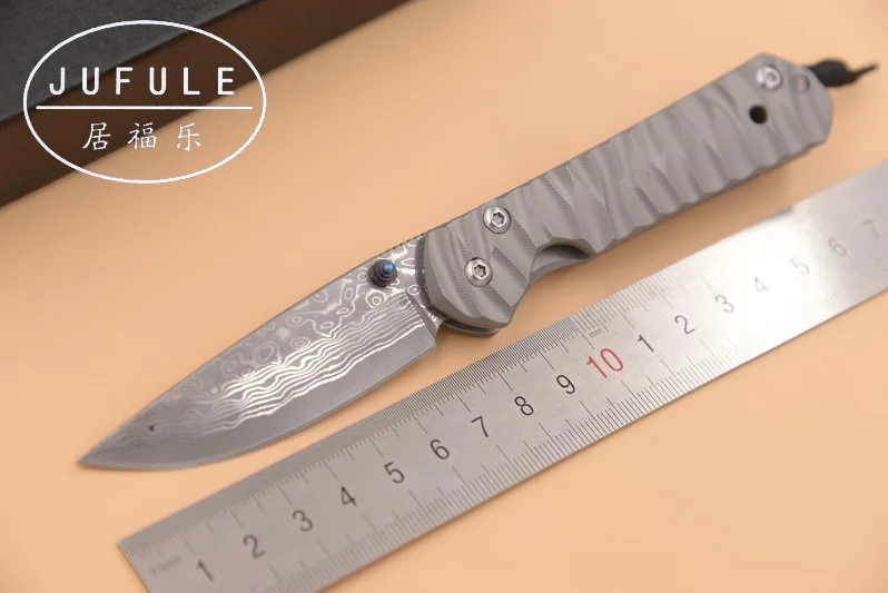 

JUFULE Made Small Sebenza Damascus pattern blade titanium handle folding pocket camping hunt outdoor EDC tool kitchen knife