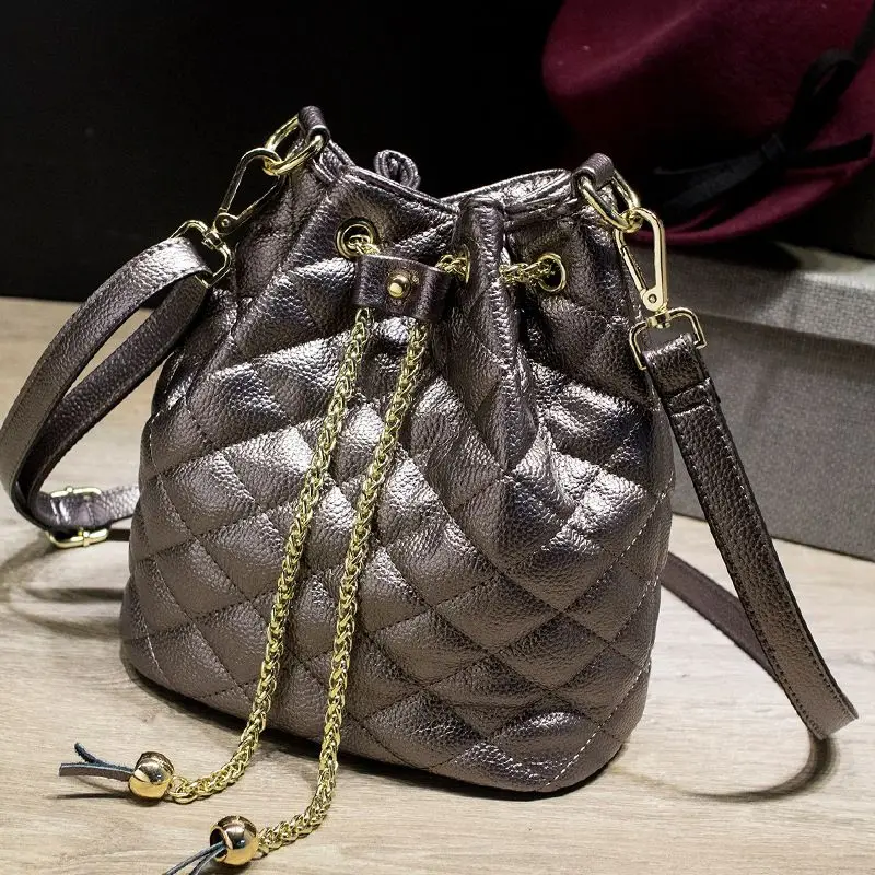 

Girls Genuine Leather Mini String Bucket Bag With Chain String Women Crossbody Bags Ladies Design Messenger Bags 2017 New Brand
