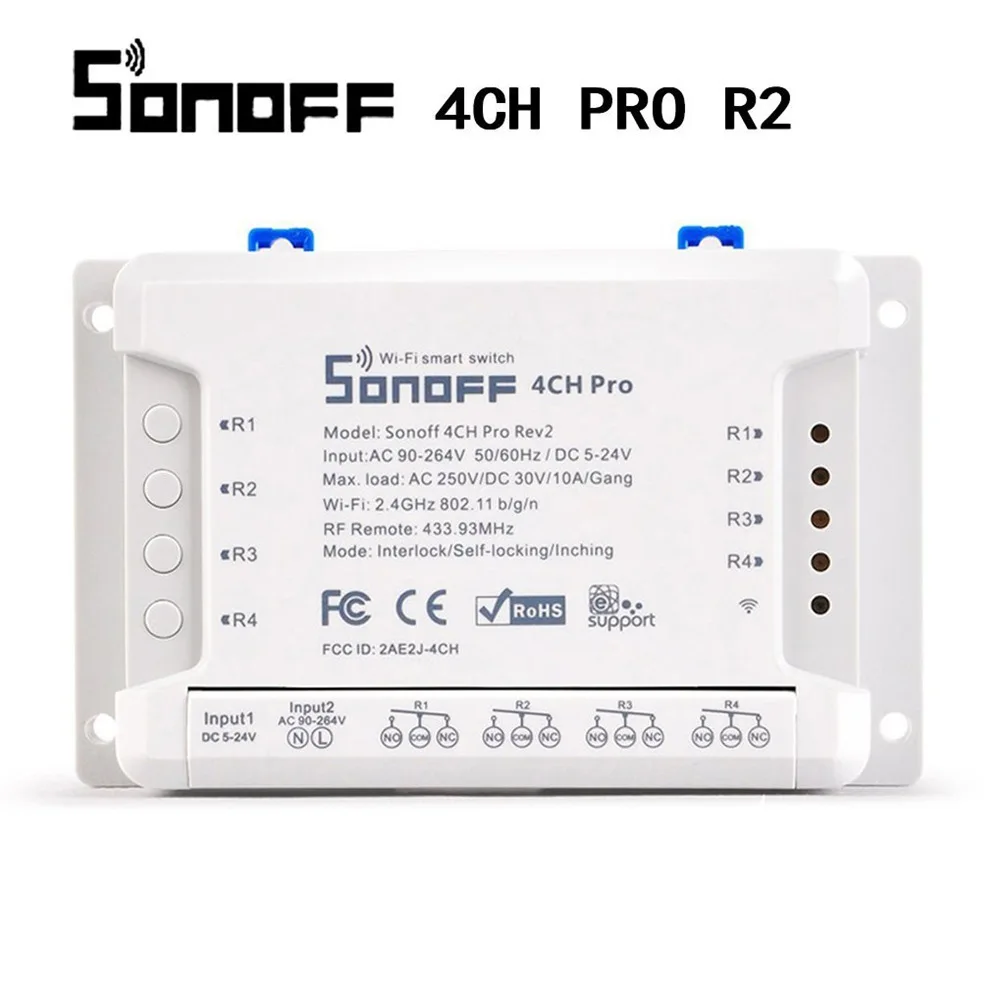 

Sonoff 4CH Pro & Pro R2 Smart Wifi Switch Home 433MHz RF Wifi Light Switch 4 Gang 3 Working Modes Inching Interlock With Alexa