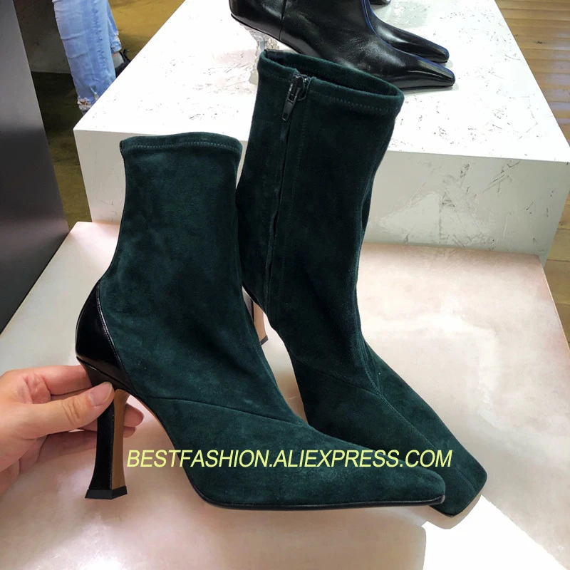 

Ins Hot Spring Autumn Shoes Woman Vintage Ankle Boots Square Toe Stretch Suede Side Zip Woman Boots Runway High Heels Boots Tide