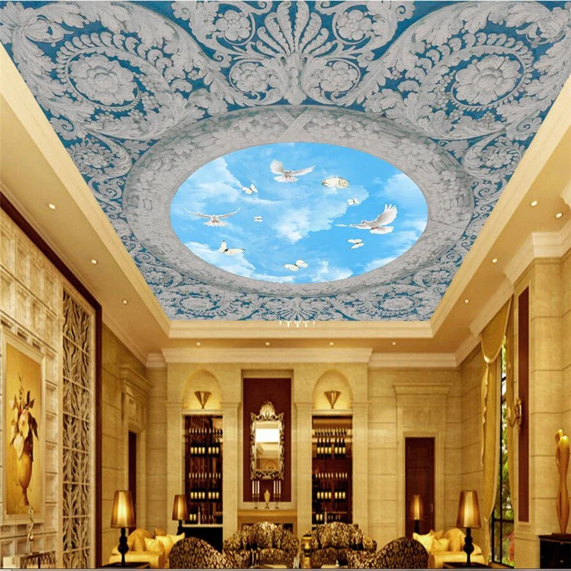 

beibehang Custom Photo Mural Wallpaper European Gypsum Line Embossed Blue Sky White Cloud Creative Ceiling Decorative Painting