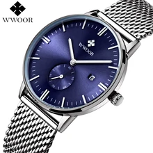 Hommes Montres Top Marque WWOOR Date Horloge À Quartz Étanche Mâle montre Hommes Argent Acier Bracelet En Maille De Luxe Poignet De Sport Occasionnels montre