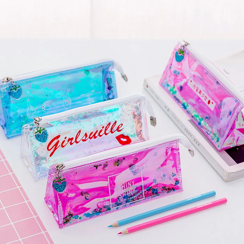 

Cute Iridescent Laser Pencil Case Magic Cool Transparent PVC Pencils Bags High Quality Stationery Pouch Office School Supplies
