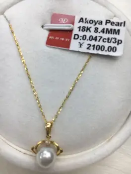 

free shipping >>>>noble jewelry natural 8.2-8.4mm Akoya white pearl pendant 18k solid Gold 0.047ct/3p