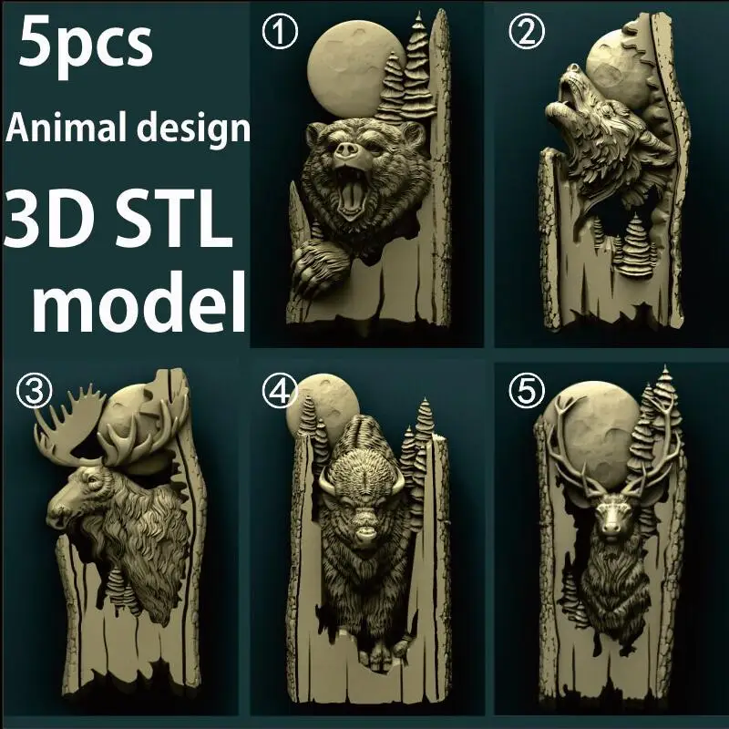 5pcs Forest animals 3d STL Model Relief for CNC Router Aspire Artcam _ Wolf _ Bear _ Bison _ Deer