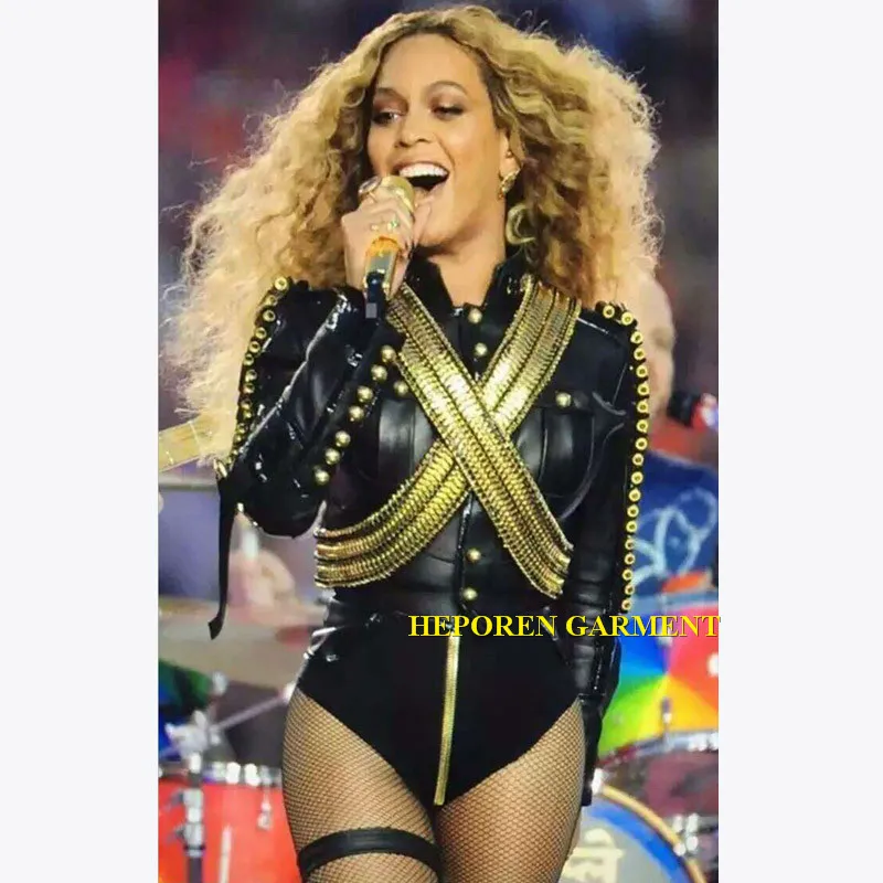 

Heporen Garment Women Sexy Club Jumpsuits Black Leather,Beyonce Style Bodysuit Military Costumes Customized Coat Pants Singer