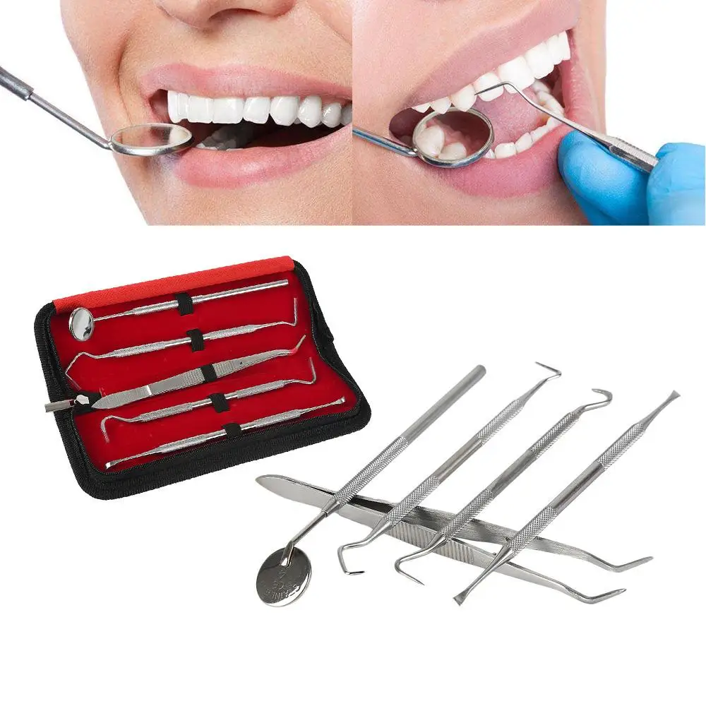 5 шт. переносной стоматологический уход за полостью рта осмотр щуп набор чистки зубов нержавеющая сталь выбрать зеркало со скребком с мешком