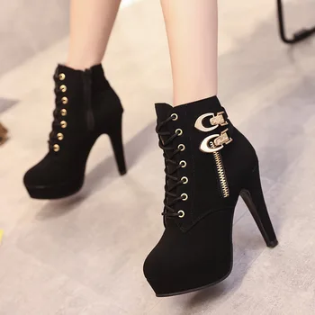 

2020 PU Martin boots Women's shoes winter large size 43 women's boots round head waterproof platform high heel side zipper