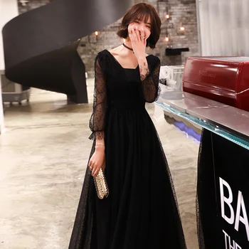 

Black Long Evening Dresses 2020 A-line Long Sleeves Tulle Islamic Dubai Saudi Arabic Long Formal Evening Gown LF287