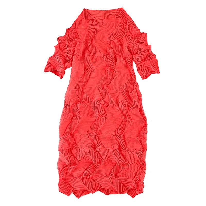 LANMREM Новая модная плиссированная одежда с О-образным вырезом, женская одежда с коротким рукавом, индивидуальное платье, темперамент, Vestido YF496 - Цвет: red