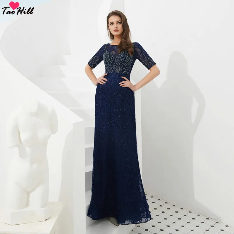 

TaoHill Elegant Short Sleeve Evening Dress A-line Scoop Neck Beading Ceremony Party Formal Navy Blue Luxury Long Prom Gown