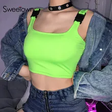 Sweetown, Цветочный зеленый Повседневный укороченный топ, женская одежда для фитнеса, сексуальные топы на тонких бретелях с пряжкой, тонкий базовый топ на бретелях, футболки