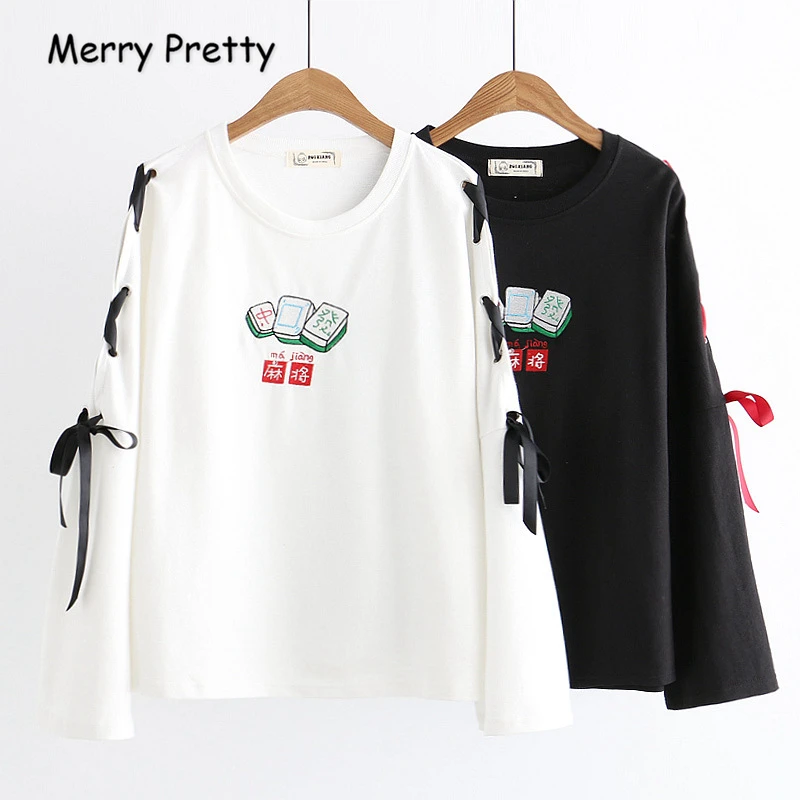  MERRY PRETTY Women Cartoon Embroidery Lace Up Hoodies 2019 Spring Long Sleeve O-Neck Cotton Pullove