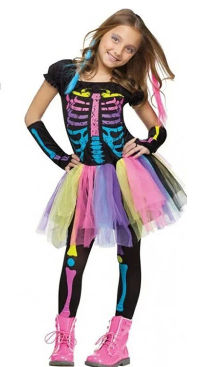 Free shipping,halloween party costume ,girl children rainbow colorful dress printing skeleton , trouses and sleeve covers