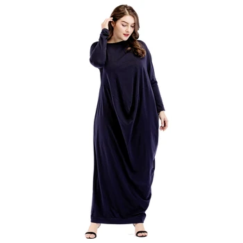 

Women Long Sleeve Solid Color Muslim Long Dress Navy blue Abaya Vintage Islamic Clothing Bawting Sleeve Kaftan Maxi Dresses