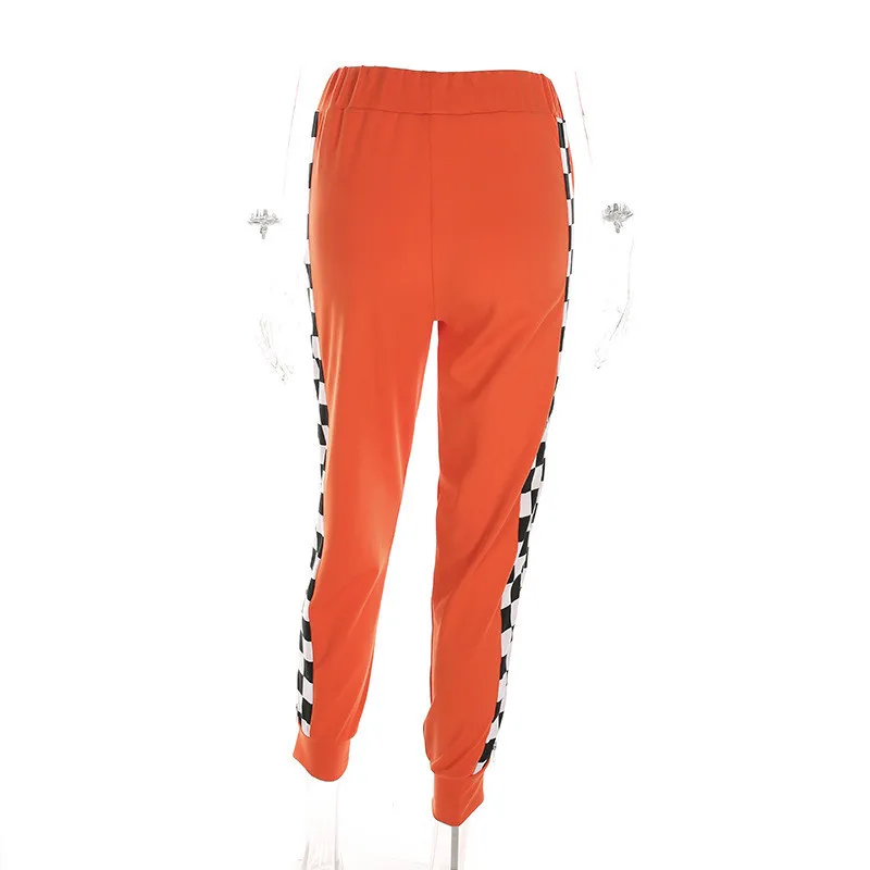 Европа Россия благородные женские брюки высокого качества повседневные оранжевые Лоскутные клетчатые брюки с высокой эластичной резинкой на талии штаны на молнии