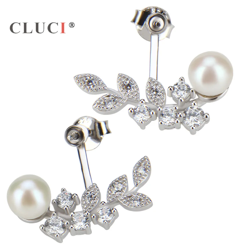 

CLUCI High Quality Colorful Pearls Stud Earrings Female Exquisite Dazzling Leaves Earrings, Sterling Silver Jewelry for wedding