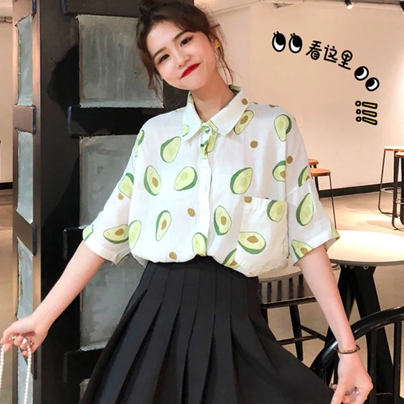 Casual Short Sleeve Loose Blouse Women Print Turn-down Collar Shirt Summer Beach Sun Protection