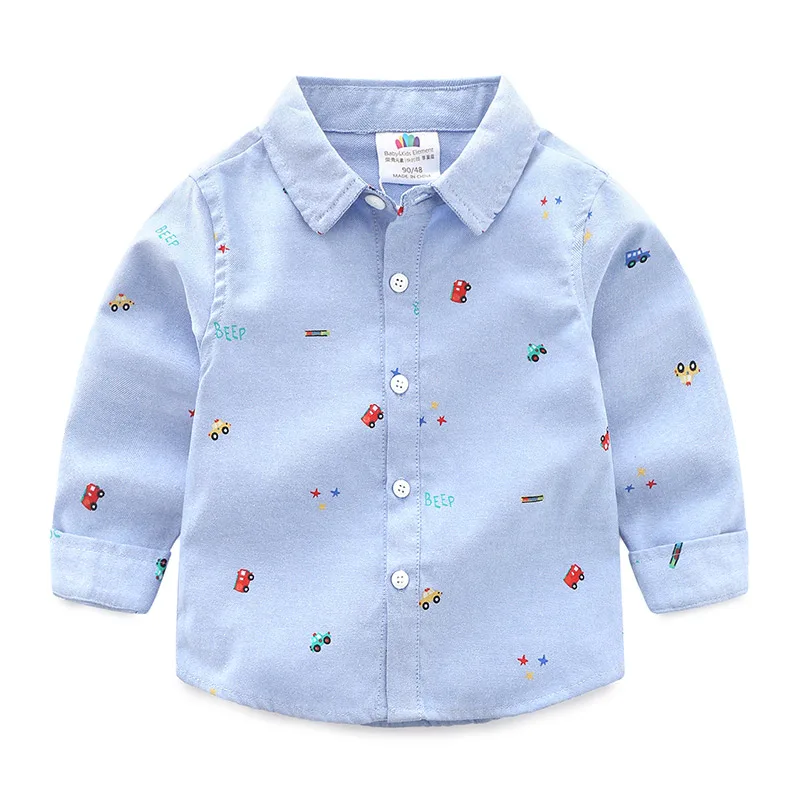 2024 Spring Autumn 2 3 4 5 6 7 8 10 Years Long Sleeve Car Pattern Full Print Handsome White Gray Cotton Shirt For Kids Baby Boys