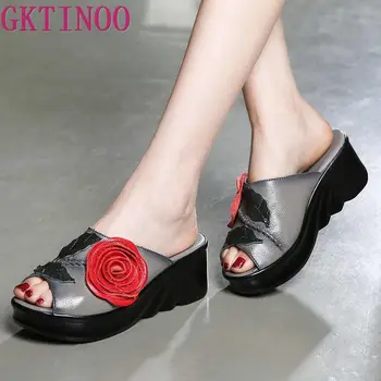 

GKTINOO Flower Slippers Genuine Leather Shoes Handmade Slides Flip Flop Open Toe Platform Clogs For Women Sandal Slippers