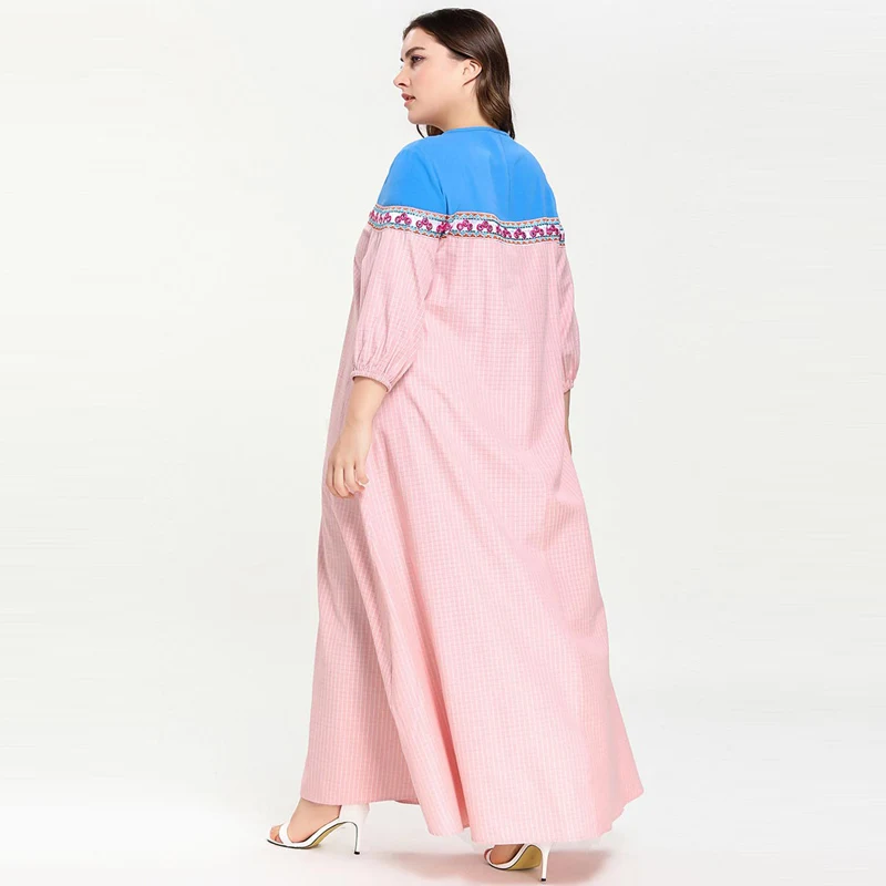2019 женское летнее мусульманское платье розовый плед вышивка кафтан марокканский abaya лоскутное большие размеры исламское платье M-4XL