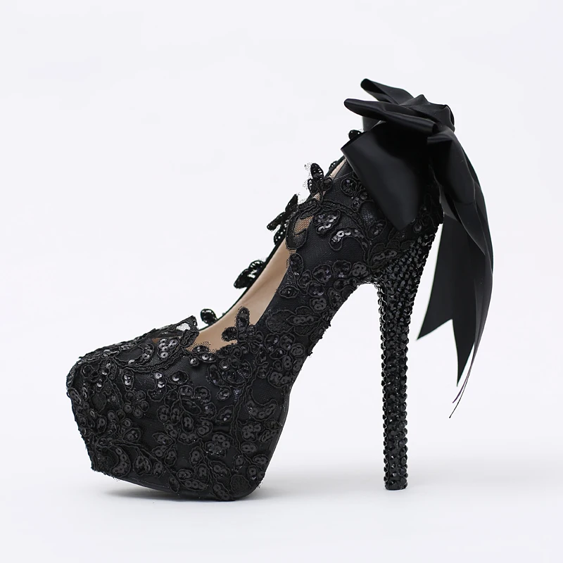 

34-39 Custom Handmade Bling Slip-on Solid Black Crystal Lace Bowknot Decorate Round Head Flowers High Heel Party Dance Shoes