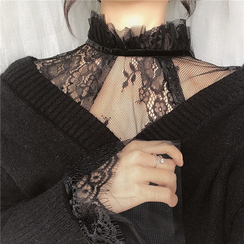 Gowyimmes SPring Sweety Girl Floral Lace Shirt Sexy Women Hollow Out Mesh Blouse Lady Long Sleeve Blusas Basic Tops Pullover 228 2