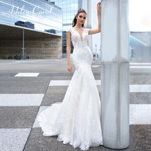 Ashley Carol сексуальное роскошное кружевное с открытой спиной фасона "Русалка" свадебное платье с v-образным вырезом короткое романтическое свободное платье со шлейфом