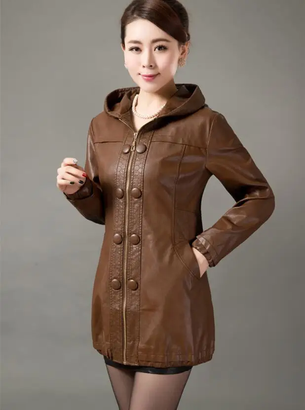 Кожаное пальто размера плюс 3XL 4XL, женская кожаная куртка, новинка, женские кожаные куртки, длинные приталенные женские пальто, верхняя одежда - Цвет: Коричневый
