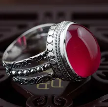 Red corundum ring S925 silver inlaid silver antique crafts handmade jewelry style simple female models