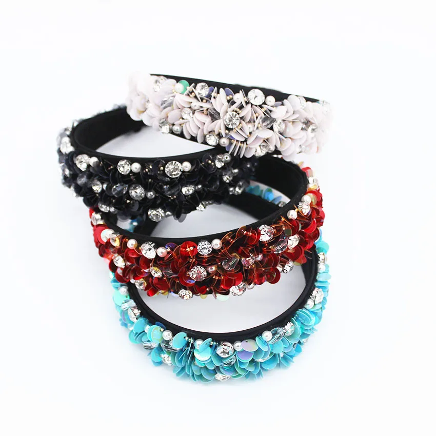 

Baroque Geometric Head Band Sequins Hairband Pearl Hairpins for Wedding Bride Rhinestone Crystal Hairband Luxury Blue Fascinator
