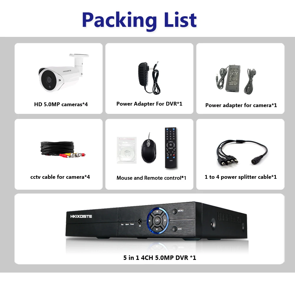  HKIXDISTE 4CH 5MP AHD DVR Kit CCTV Camera System 4PCS 5.0MP Security Camera IP66 Outdoor Video Surv - 32952078735