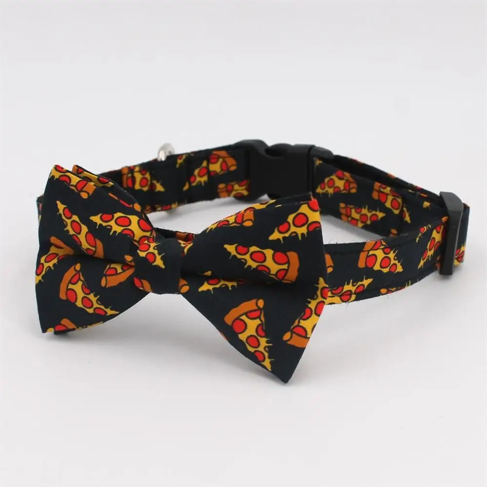 black collar bow Популярный собачий ошейник с рисунком пиццы и поводок с галстуком-бабочкой для больших и маленьких собак, хлопковый тканевый ошейник с металлической пряжкой цвета розового золота - Цвет: black collar bow