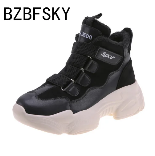 

BZBFSKY Women Trendy Casual Shoes Fur Lining Thermal Suede Ankle Boots Women Height Increasing 5 CM High Top Sneakers