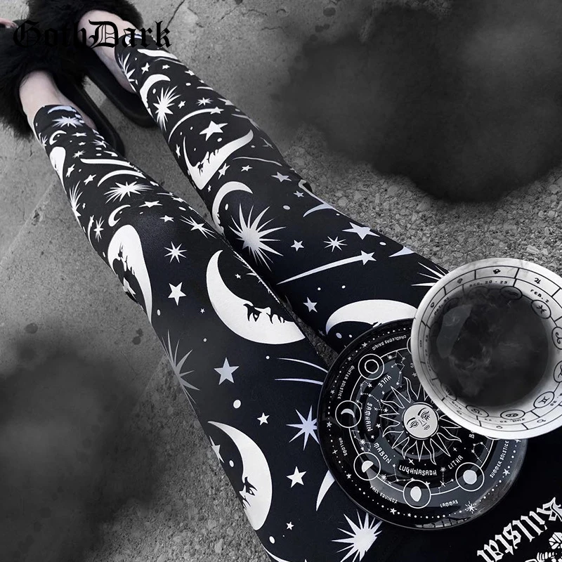 

Goth Dark Aesthetic Gothic moon Star Print Pants Harajuku Skinny Punk Black Summer Trousers Female Vintage Fashion Pencil pant